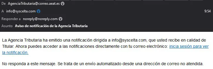 Captura de un correo supuestamente recibido desde AgenciaTributaria[arroba]correo[punto]aeat[punto]es
Indicando que tenemos una notificacion y un enlace para iniciar sesión y ver la notificacion